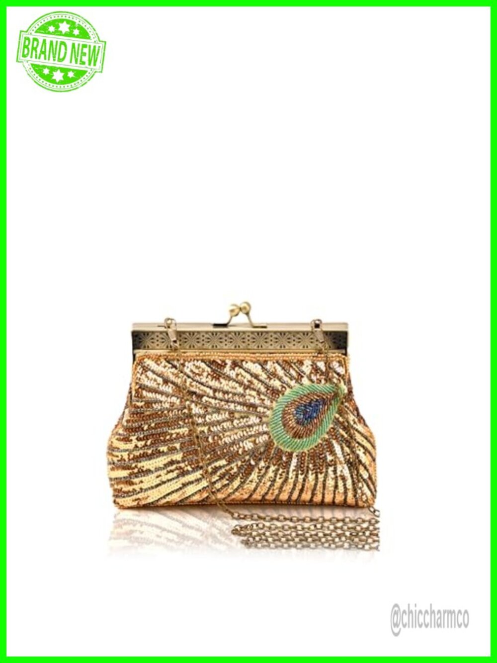 Vintage Peacock Sequin Evening Clutch with Chains